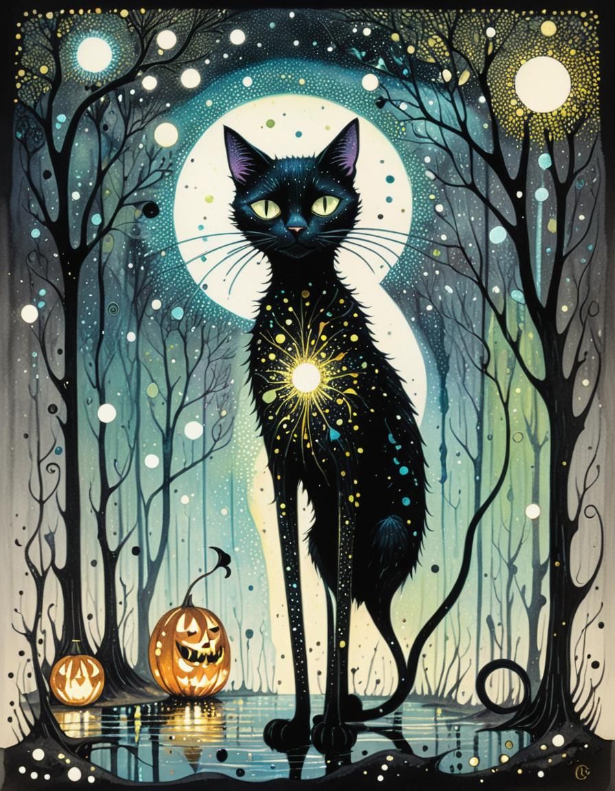 Whimsical Bioluminescent Black Cat in Pointillist Style