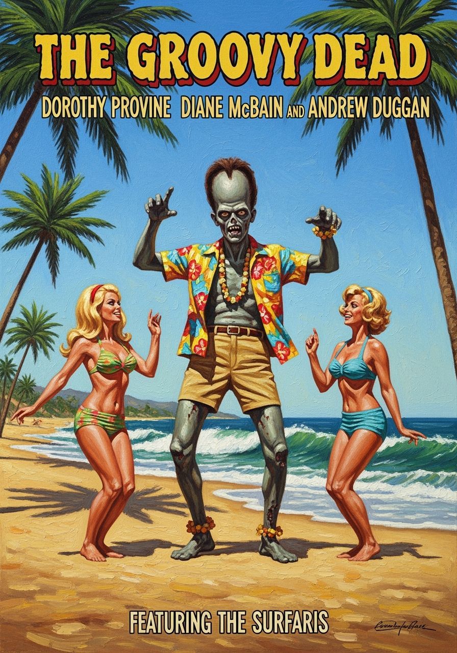 Zombie Crashes Waikiki Beach Party in Retro Movie Poster Art