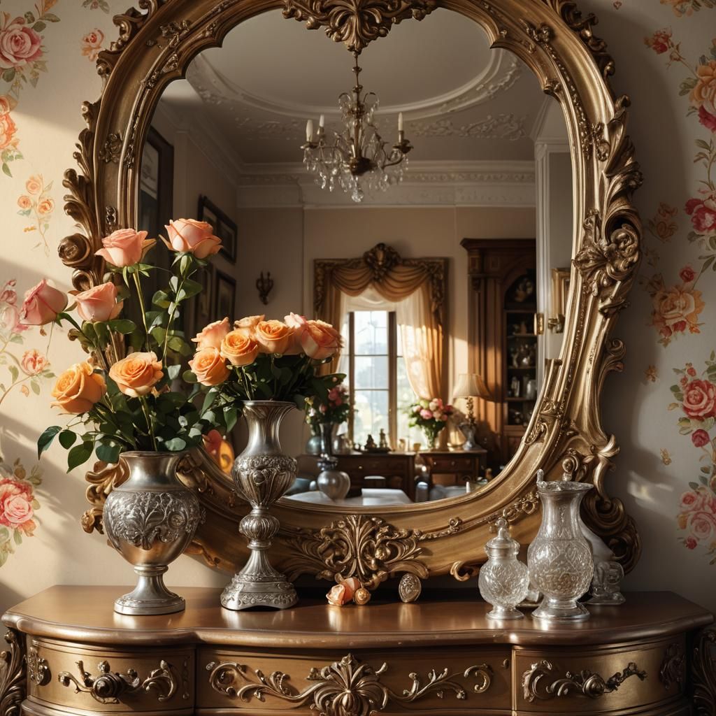 Ornate Mirror and Roses in Hyperrealistic Style