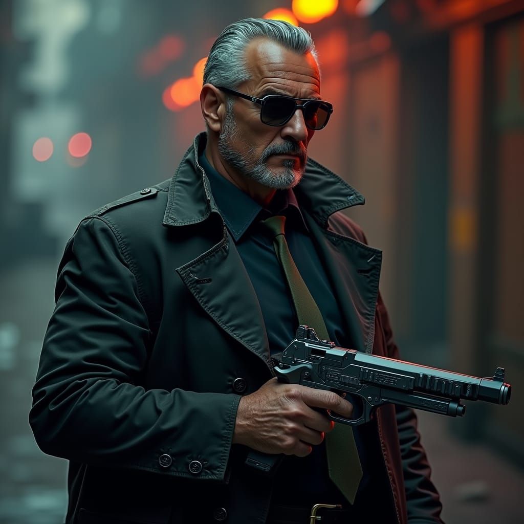 Cyberpunk Warrior in Dark Urban Landscape