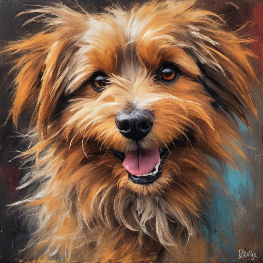 Golden Scruffy Dog in Oil Chalk Painting Style