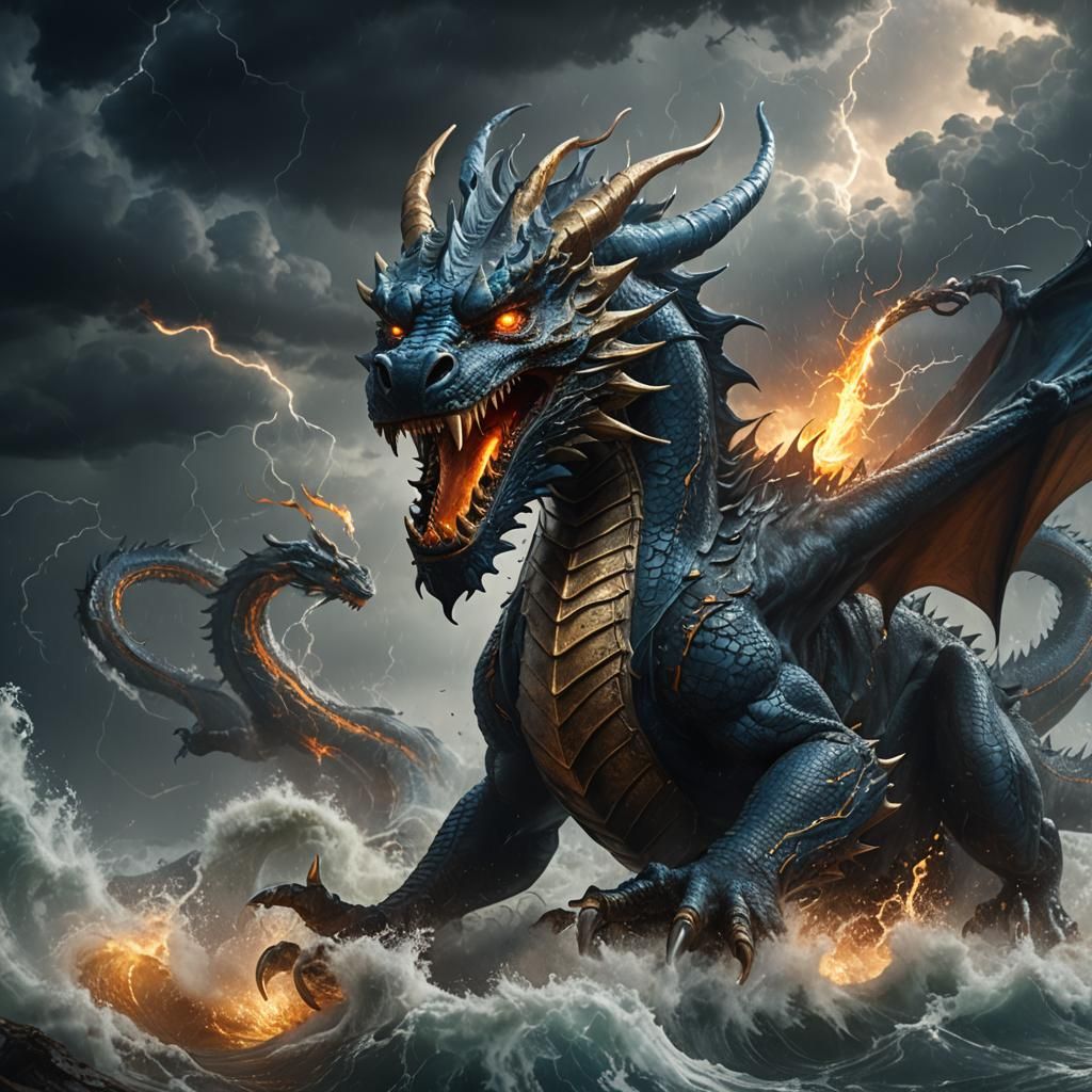 Bronze Dragon Battles Hurricane: Fantasy Art