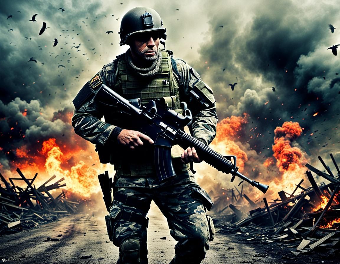 Soldier in Grunge Battlefield Amidst Chaos