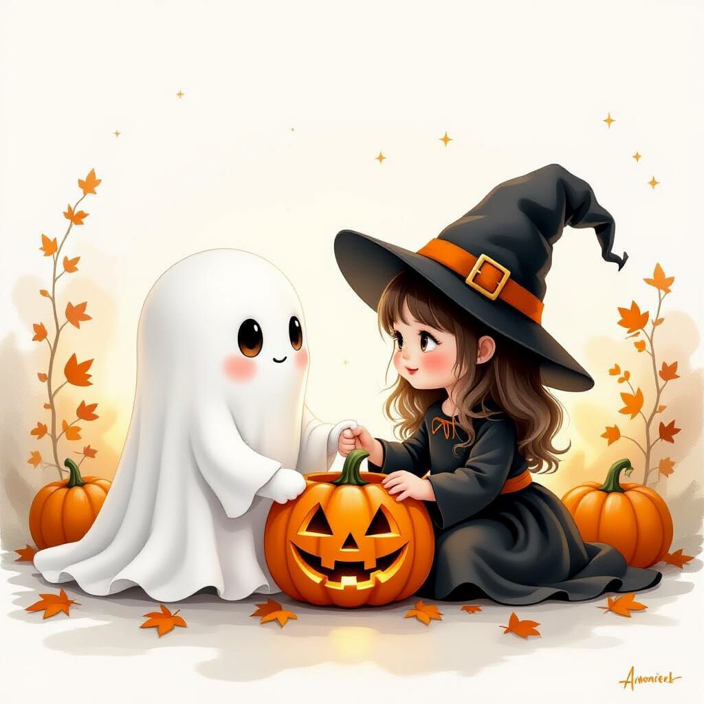 Adorable Ghost and Witch with Jack-o'-lantern