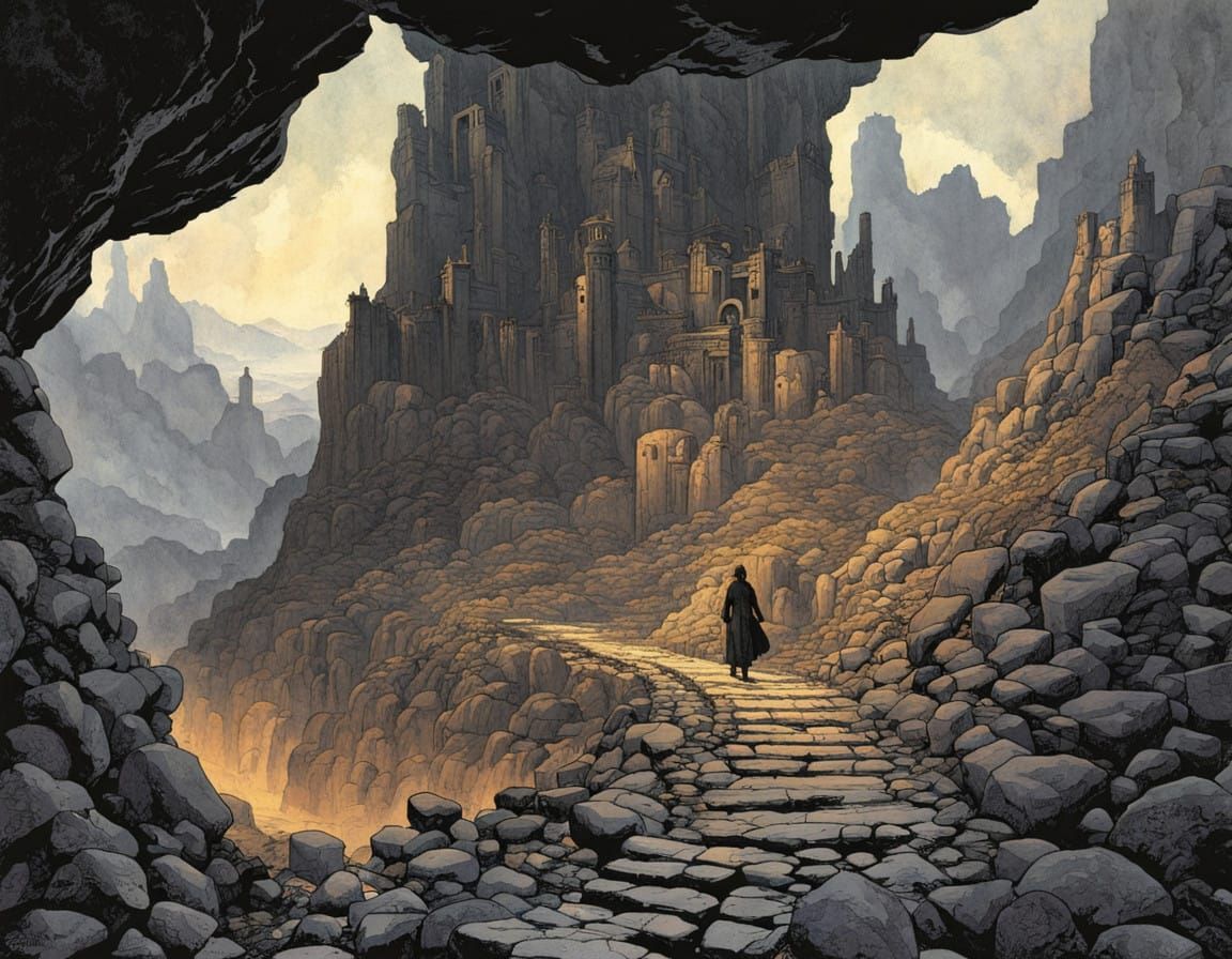 Dark, Art Deco Inspired Interior with Brick Road and Piles o...