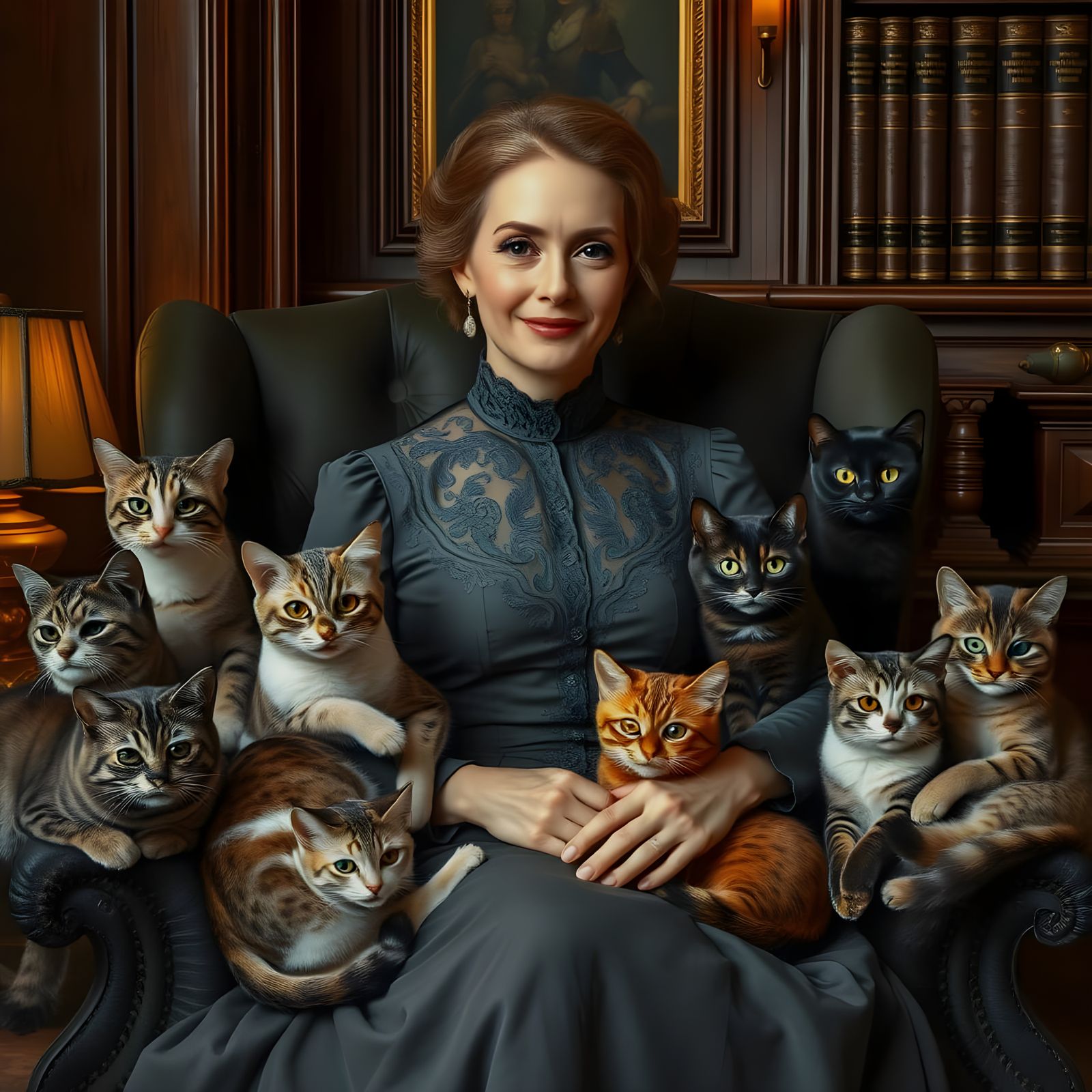 Dignified Woman Surrounded by Feline Companions in a Serene ...