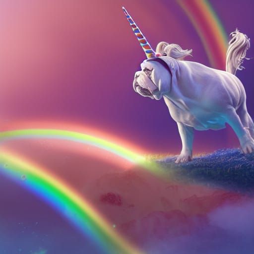 English Bulldog Rides Unicorn in Rainbow Fantasy Art