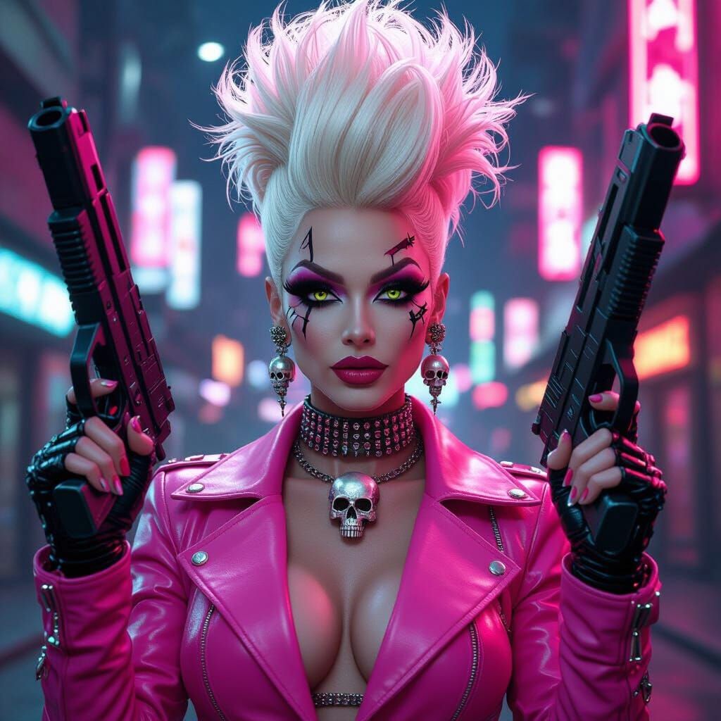 Cyberpunk Drag Queen Holds Laser Pistols