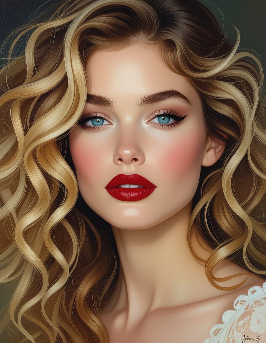 Ethereal Blonde Woman With Blue Eyes in Realistic Oil Painti...