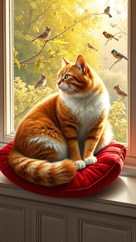 Gigantic Tabby Cat Lost in Thought on Velvet Cushion