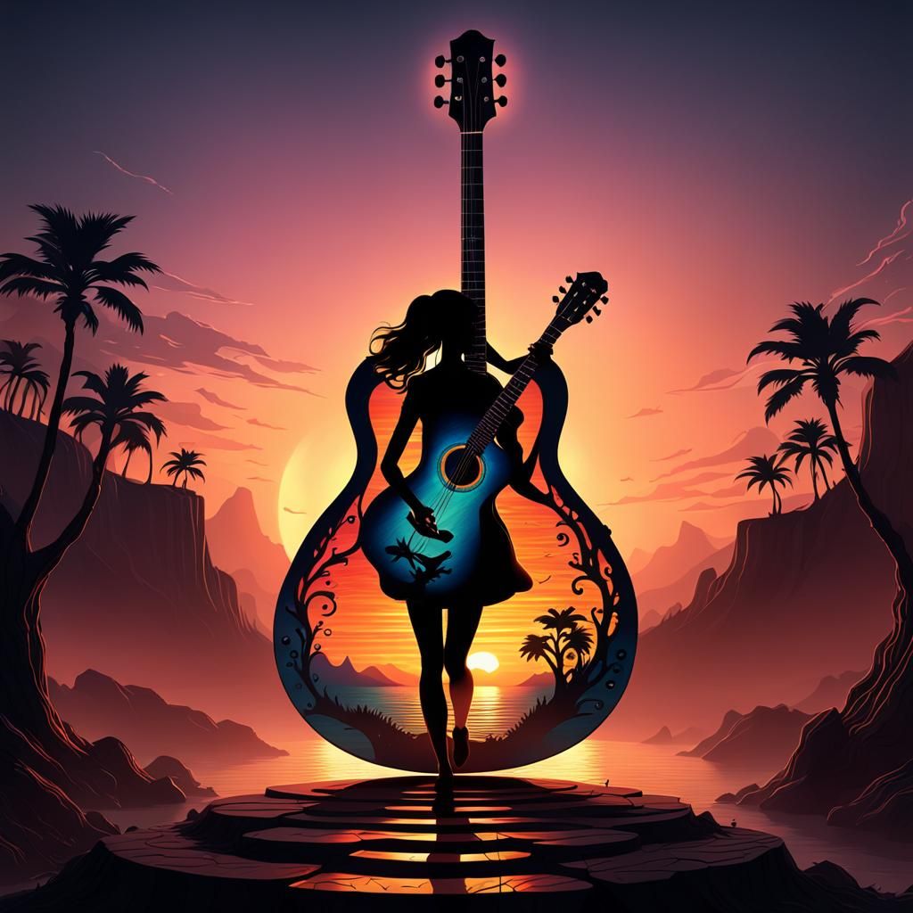 Sunset Guitar Silhouette: Fantasy Concept Art