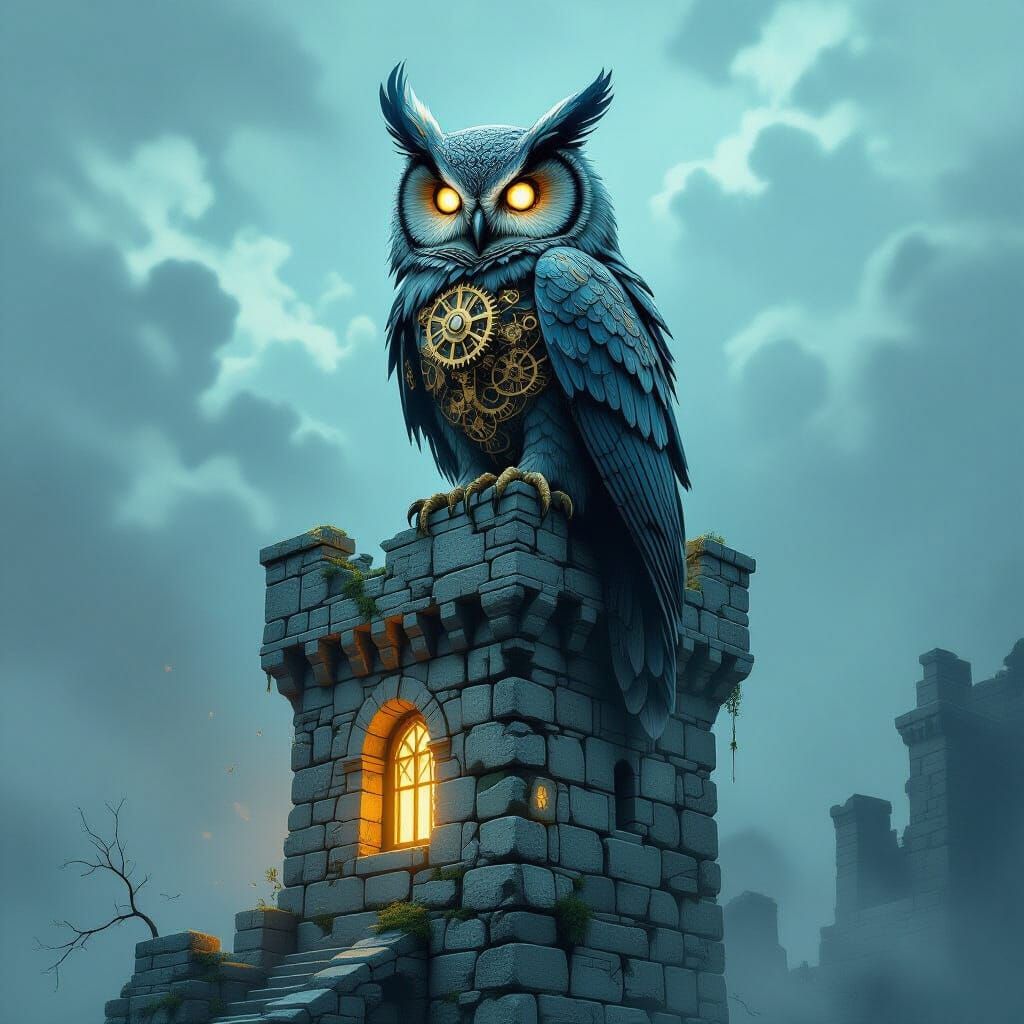 Ancient Clockwork Owl on Stone Tower
