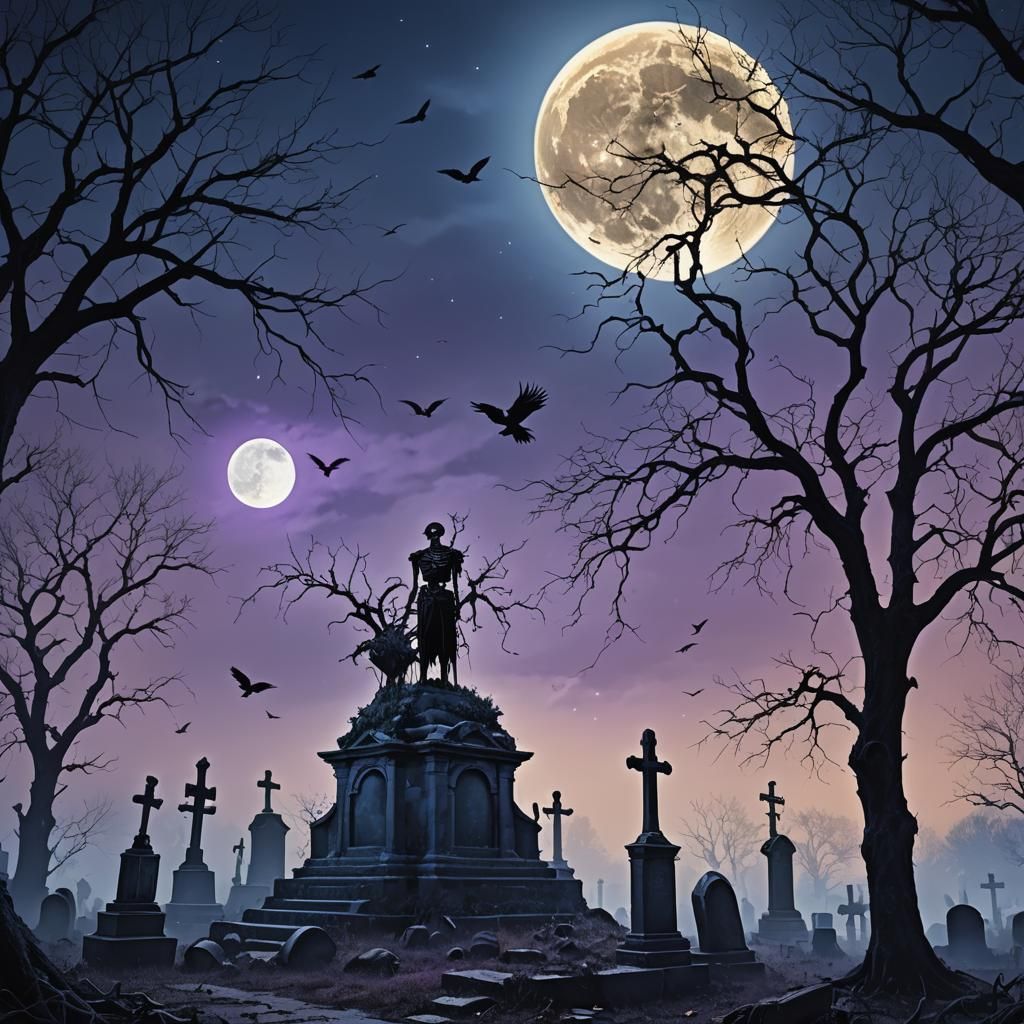 Skeleton Graveyard Under Crow-Filled Moonlit Sky