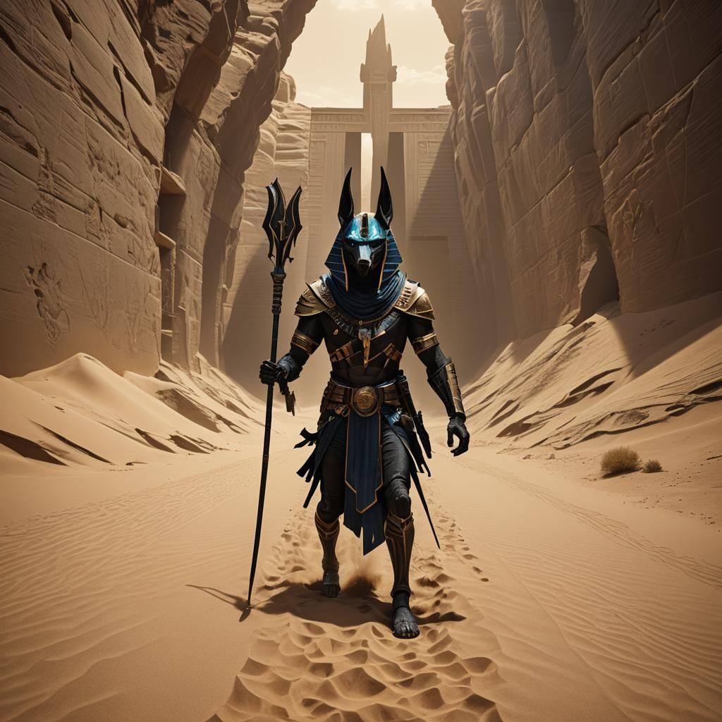 Anubis Figure with Spear in Desert Tunnel