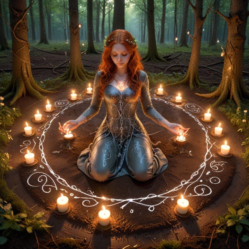 Red Haired Woman in Forest Glade with Glowing Symbols