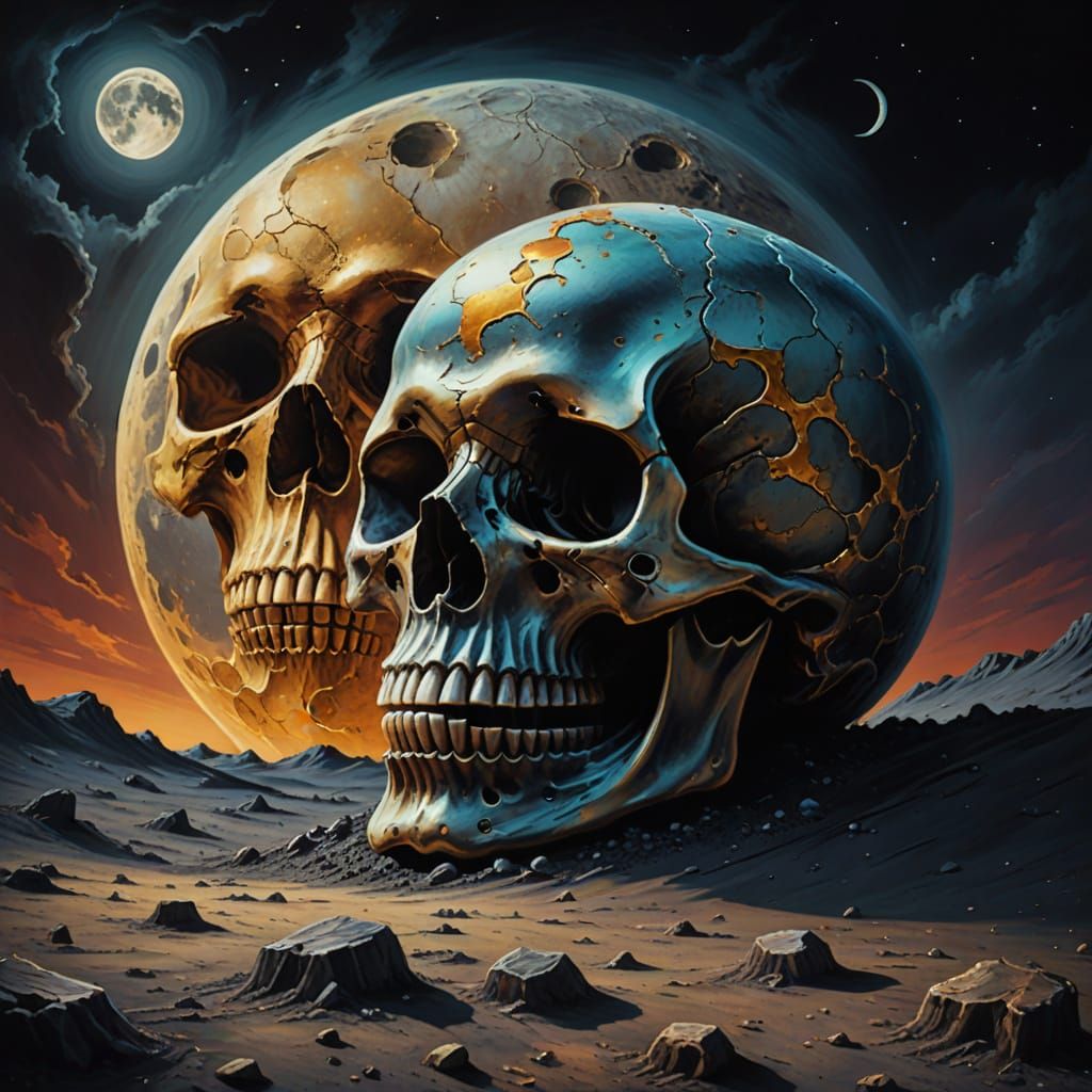 Surreal Skull on the Moon: Oil Painting
