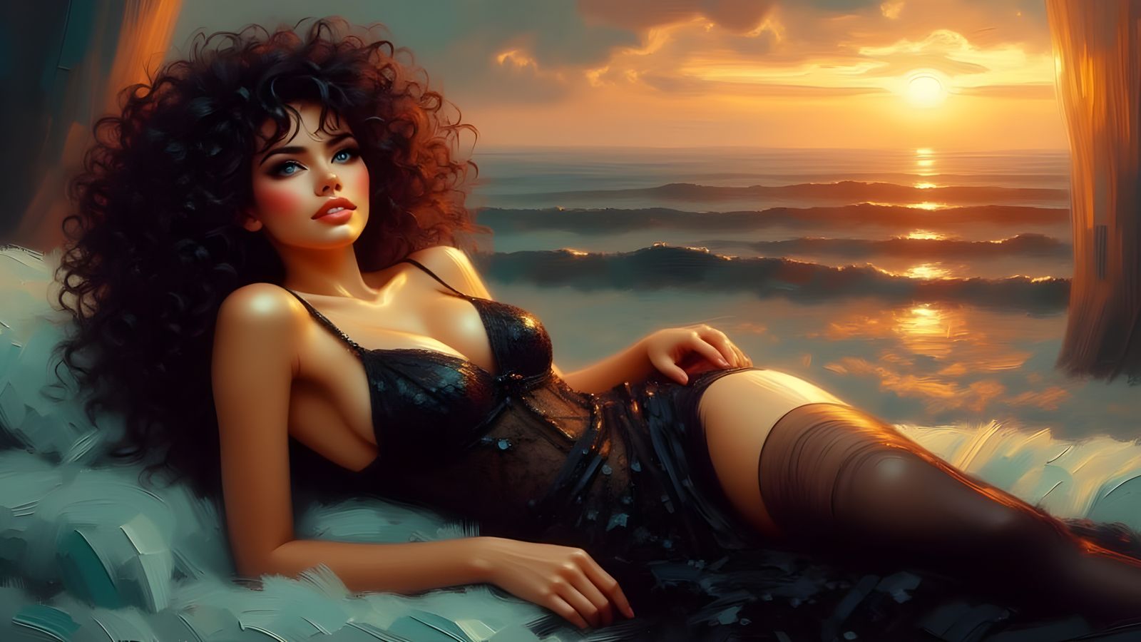 Surreal Portrait of a Majestic Brunette Woman in a Golden Su...