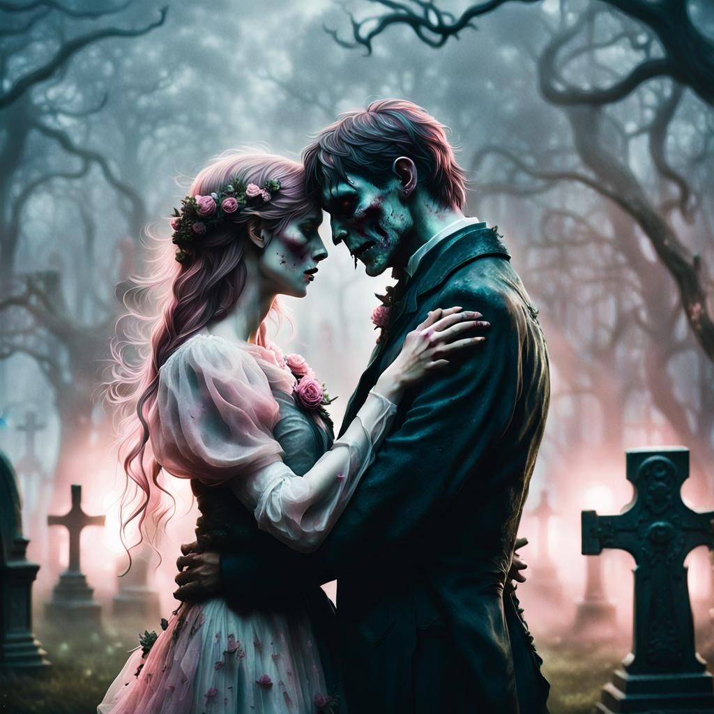 Romantic Zombie Couple Embrace in Misty Graveyard