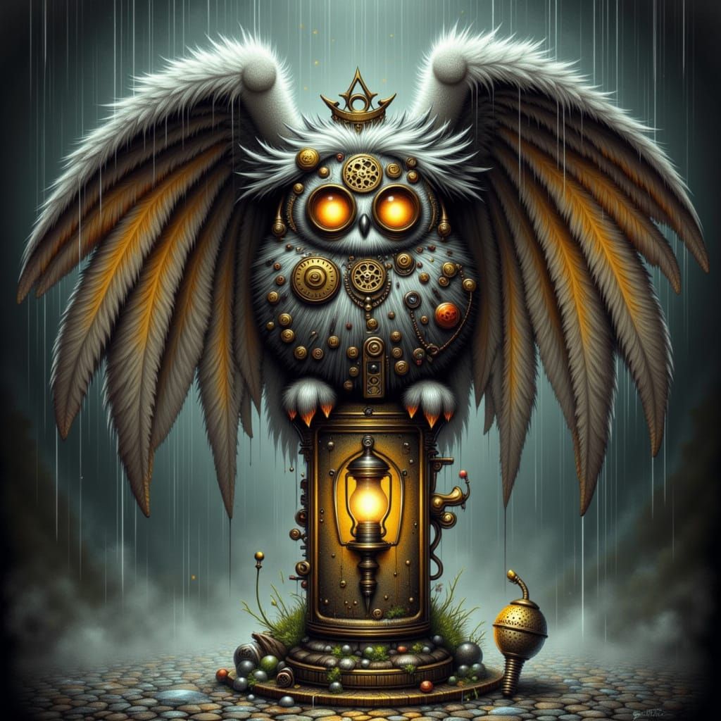 Steampunk Owl on Victorian Lamppost in Chiaroscuro Style