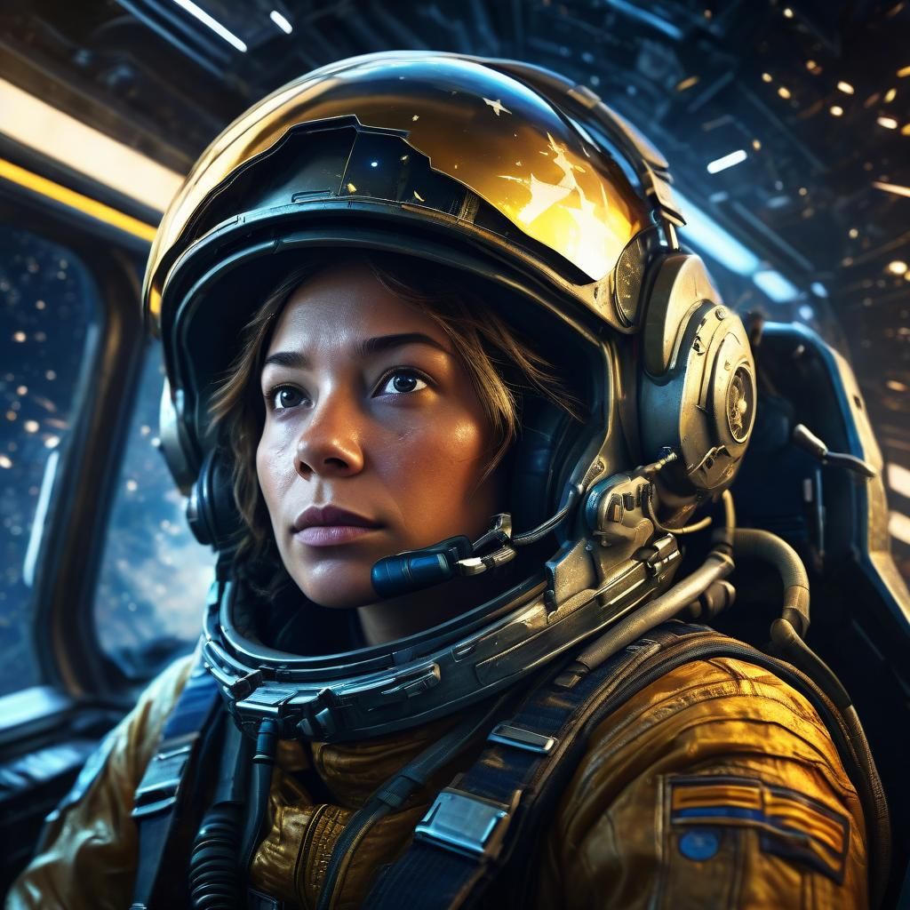 Female Pilot at Warp Speed in Space Fighter