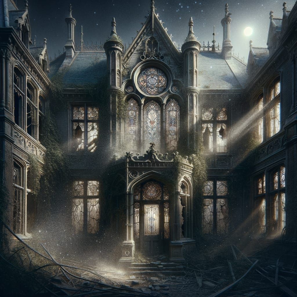 Moonlit Gothic Mansion Overgrown by Nature