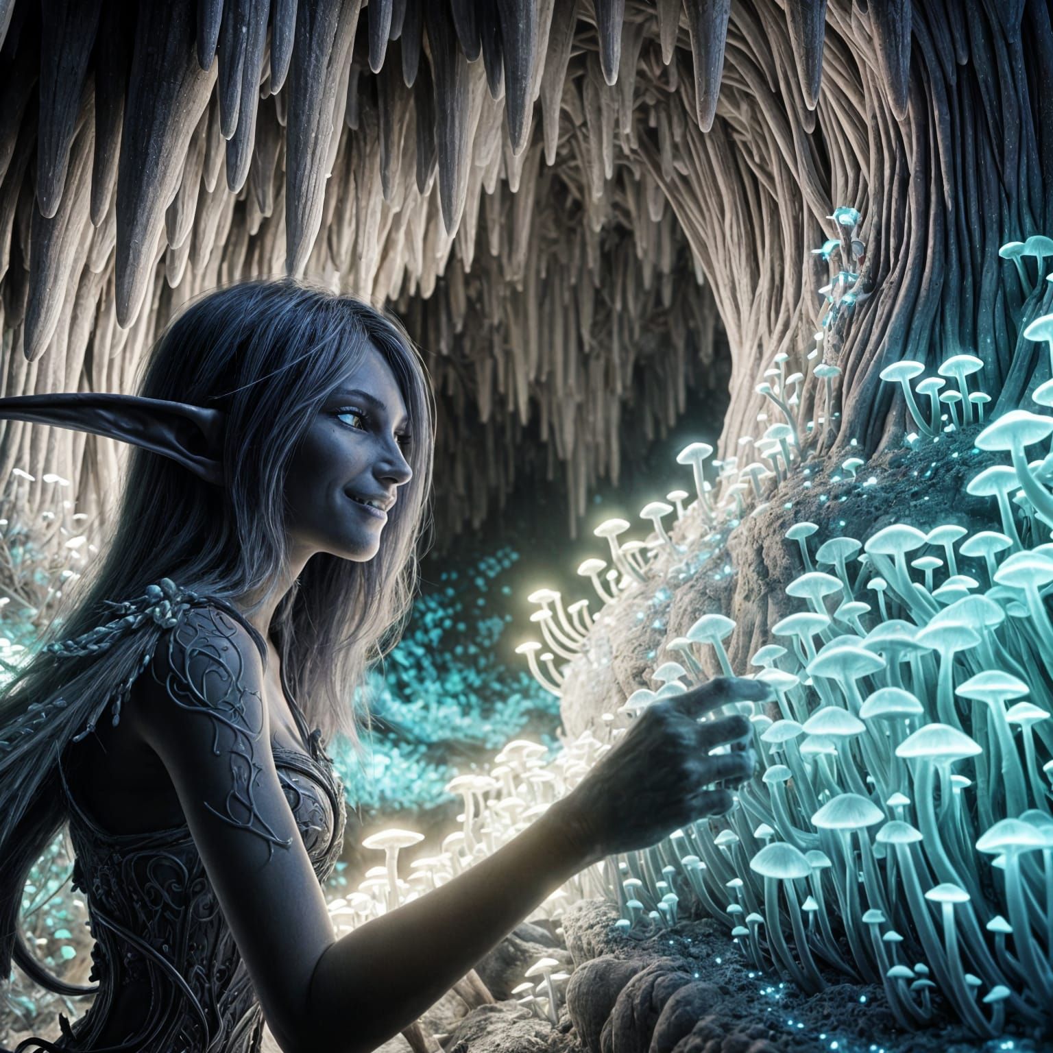 Ethereal Drow Elf Surrounded by Bioluminescent Fungi in a Ca...
