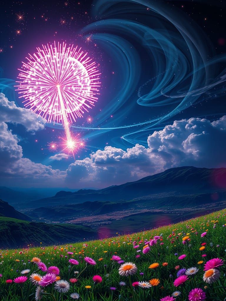 Midnight Cosmic Fireworks Display in Vibrant Neon Hues