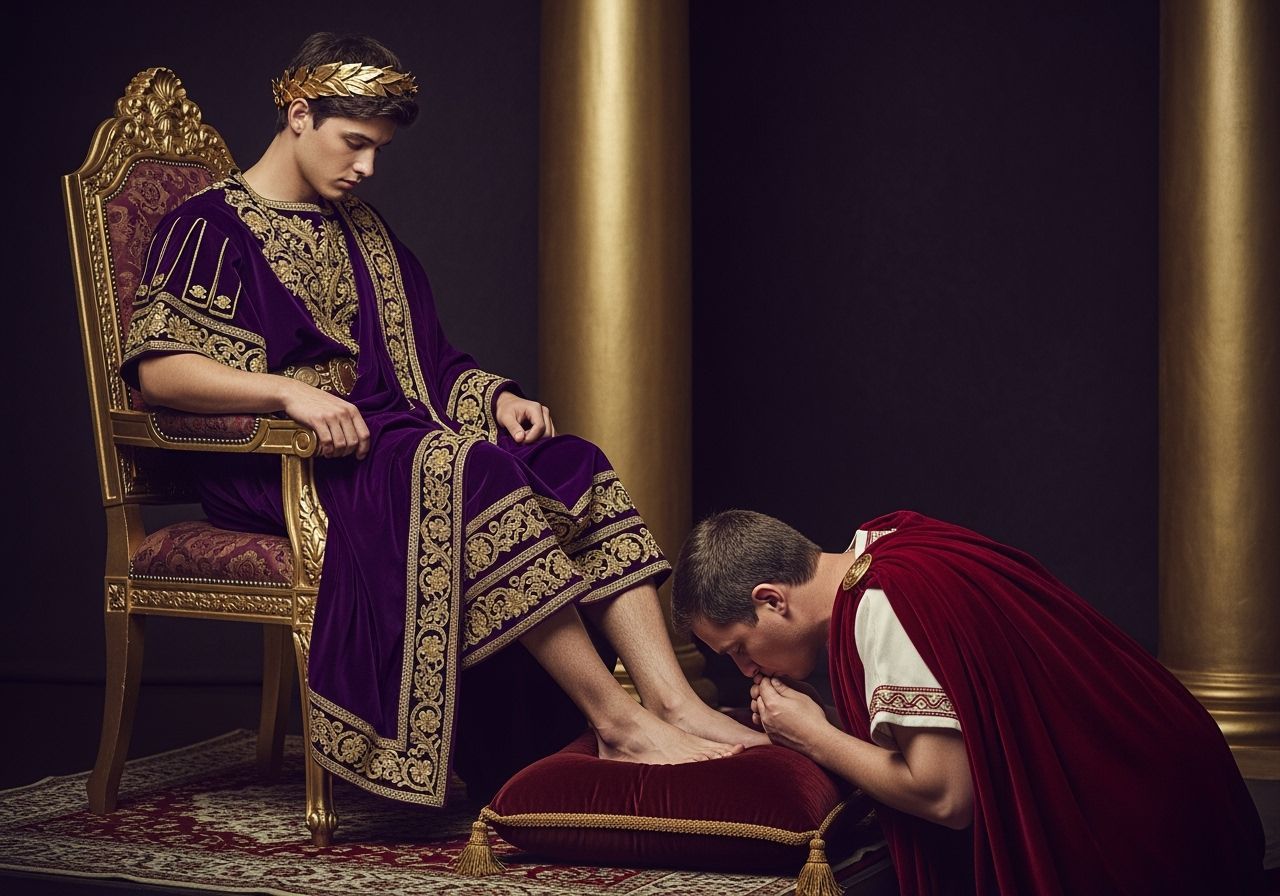 Barefoot Roman Emperor on Gold Throne in Natural Lighting