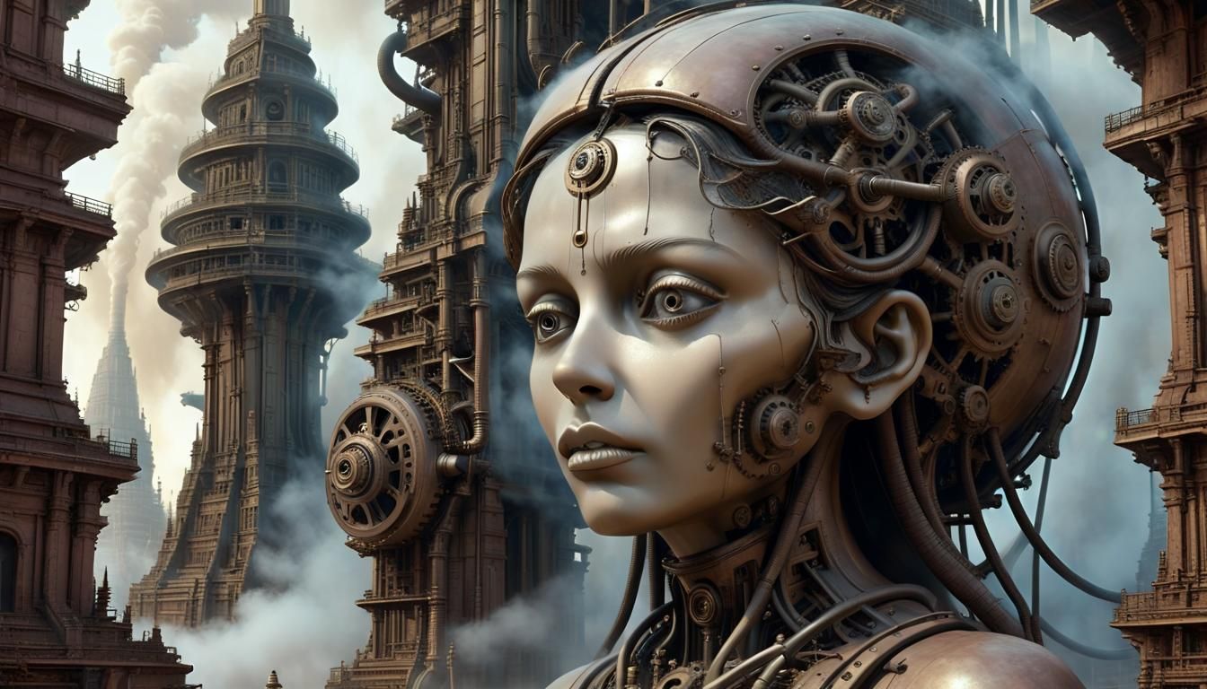 Surreal Temple Sculpture with Steampunk Fractal Architecture