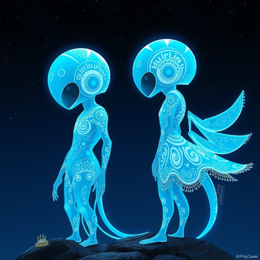 Retro-Futuristic, Electric Blue Beings with Tribal Markings