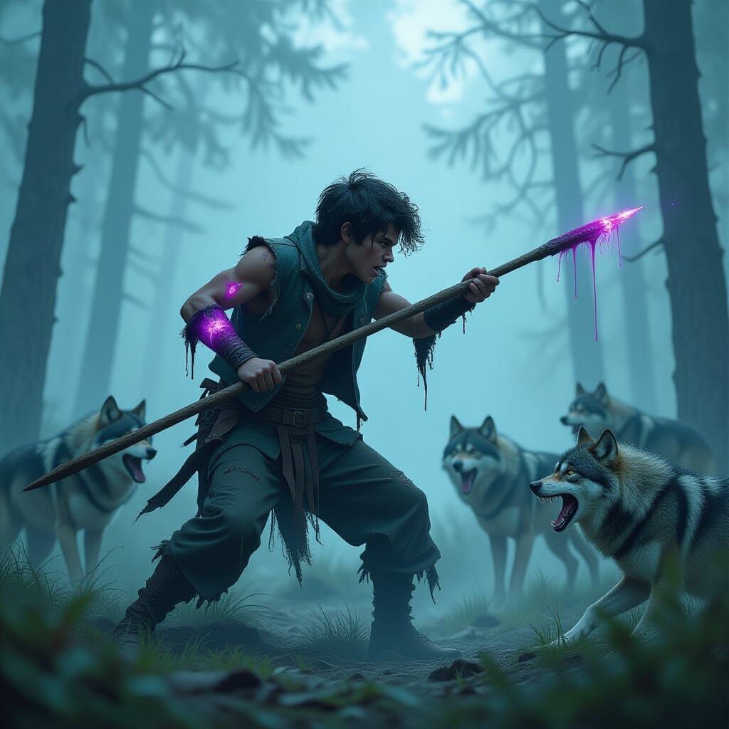 Boy Battles Wolves in Misty Forest, Dark Fantasy Art