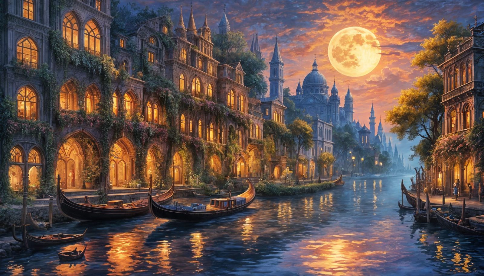 Fantasy Town at Twilight with Twin Moons