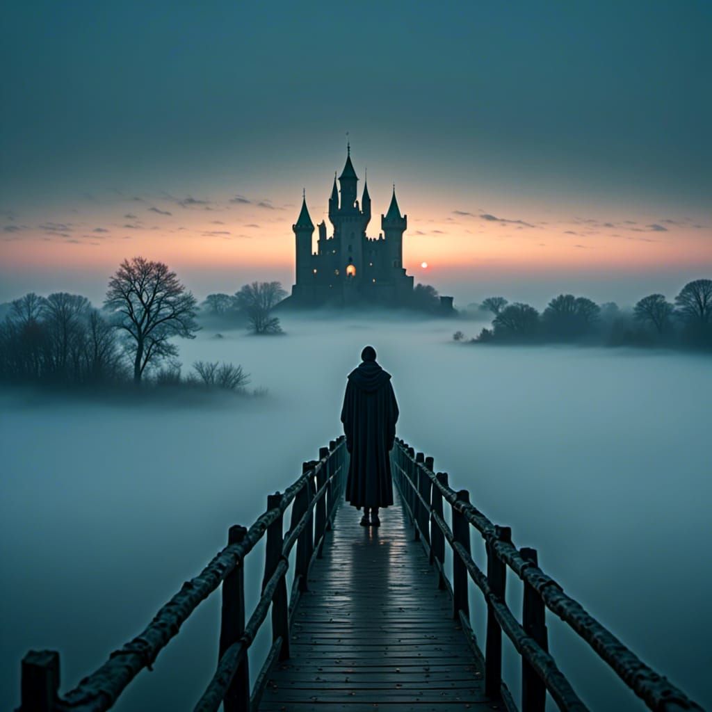 Figure on Bridge Overlooking Foggy City at Dawn