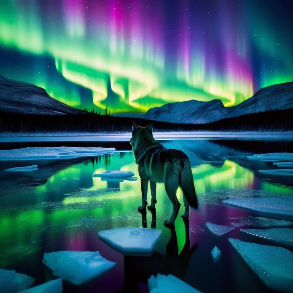 Lone Wolf Under Northern Lights