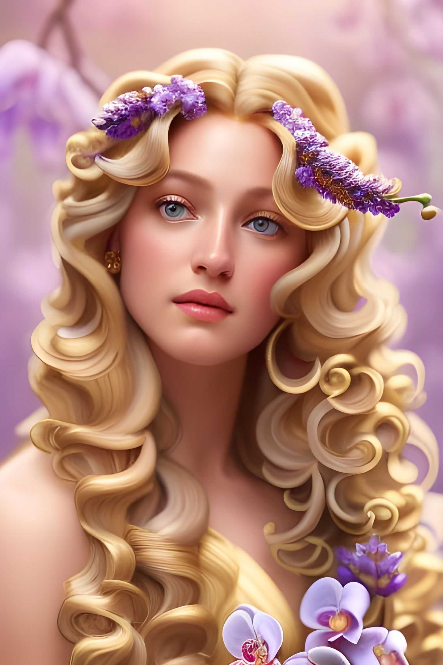 Goddess with Orchids: Hyperrealistic Portrait in Lavendar
