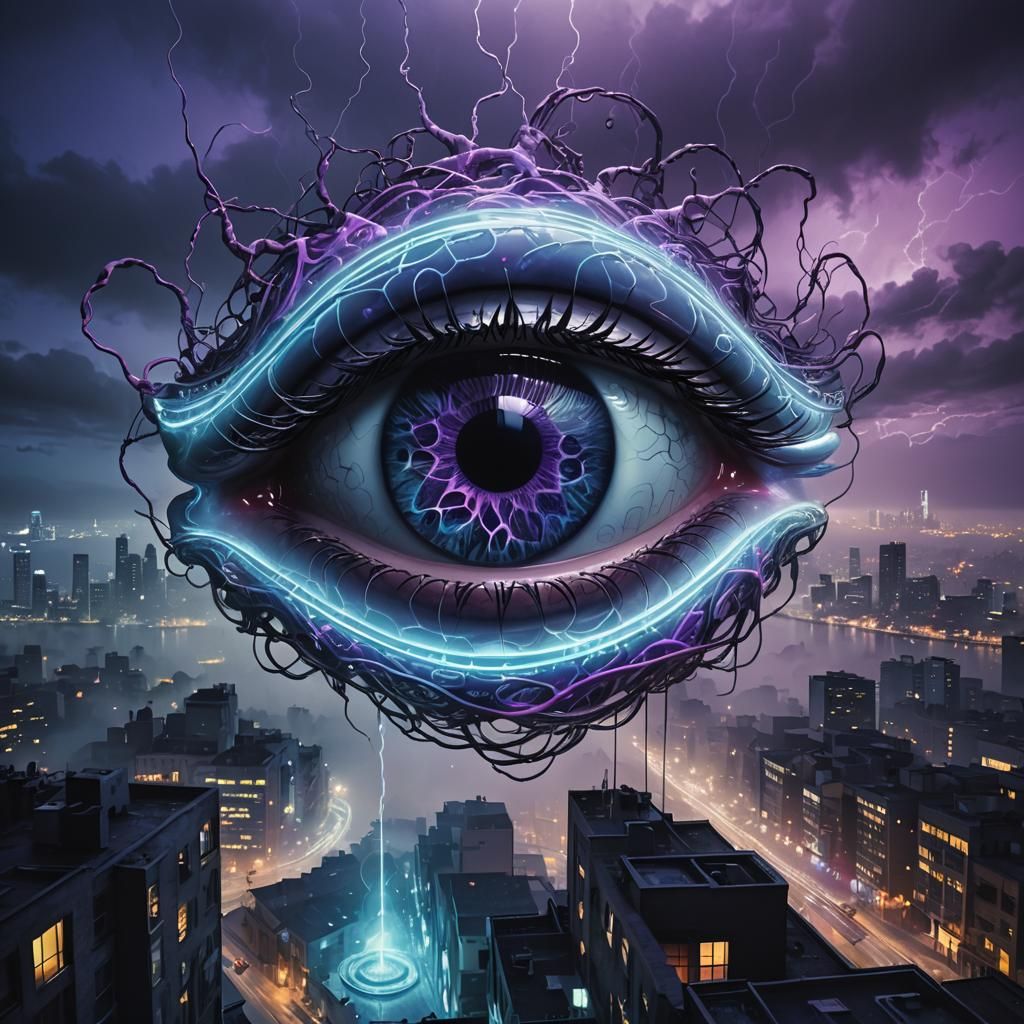 Dark Fantasy Optical Illusion with Futuristic Cityscape