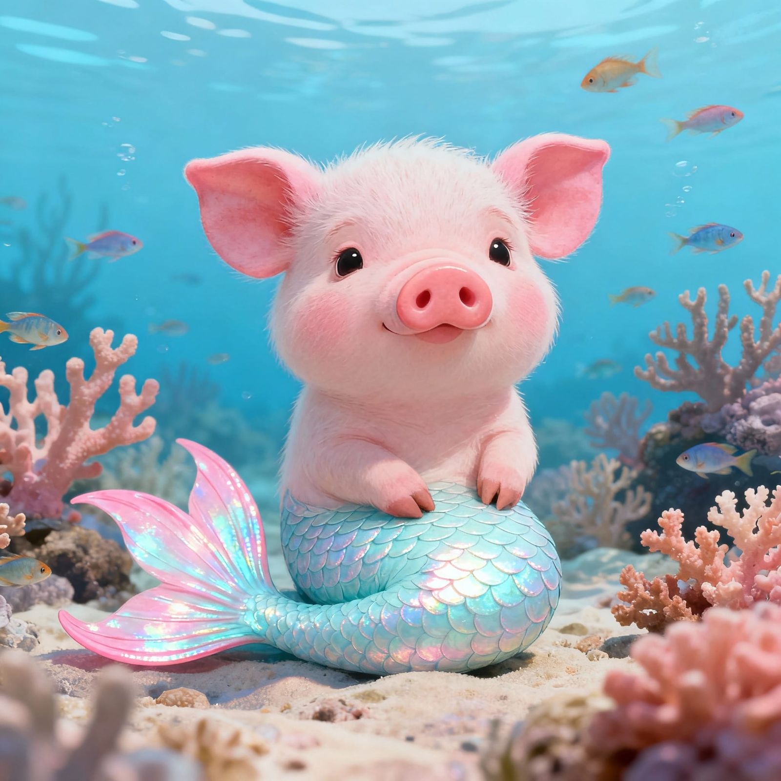 Cute Piglet Mermaid Swimming in Ocean