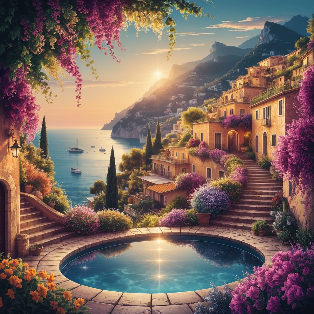Dreamlike Mediterranean Village at Sunset