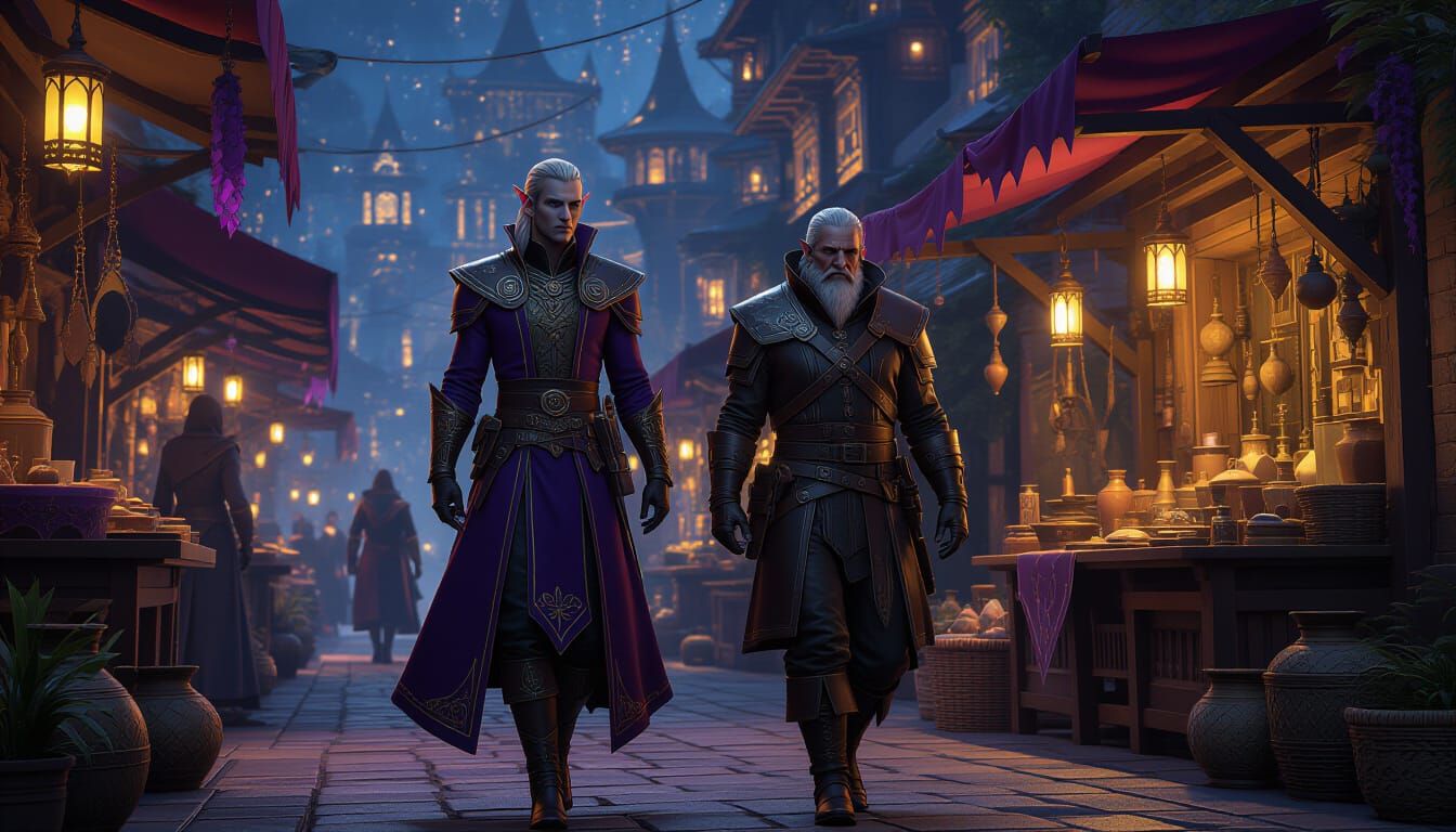 Fantasy Market Scene with Elf in Art Nouveau Style