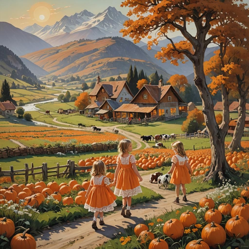 Girls in Pumpkin Field, Oil Painting