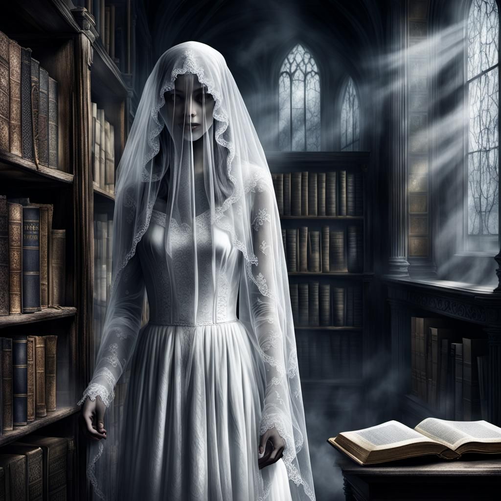 Haunted Library with Ghostly Lady in Shadows