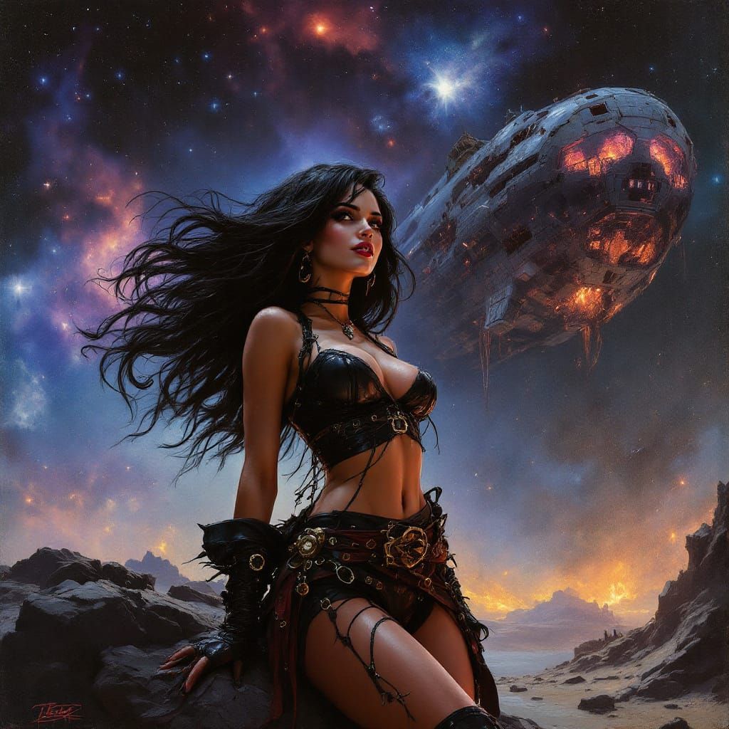 Pin-Up Woman Poses by Derelict Spaceship in Nebula