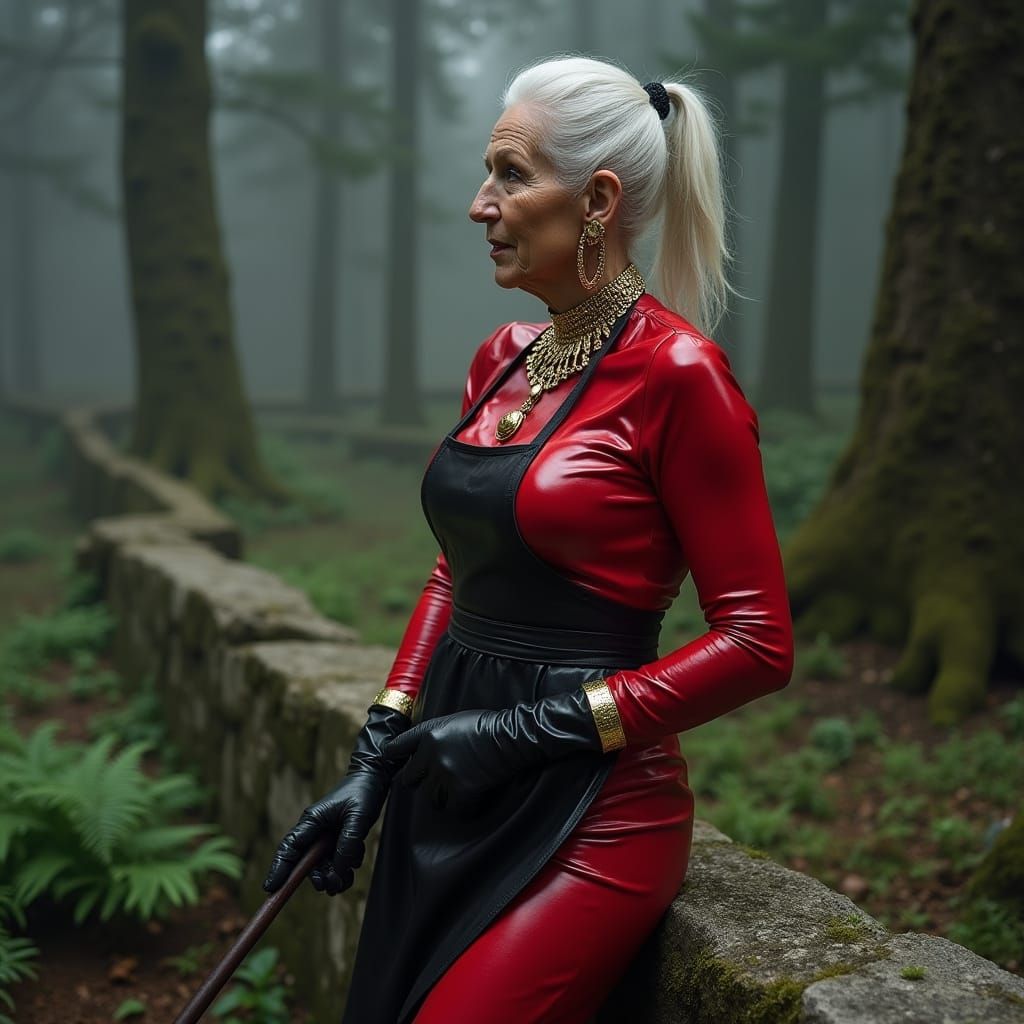 Elegant Elderly Woman in Red Latex Gardening