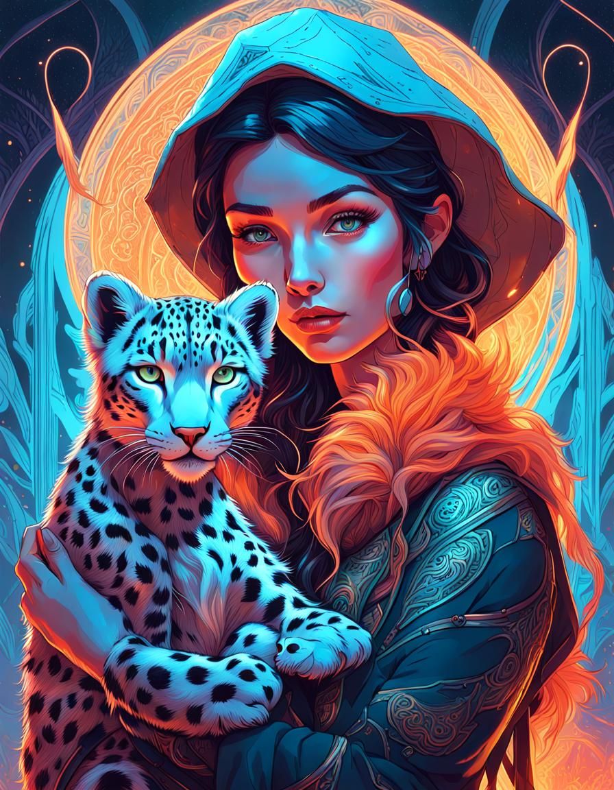 Neon Winter Witch Portrait with Snow Leopard Cub