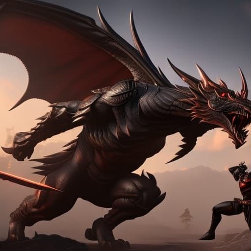 Black Dragon Attacks Warrior: Dark Fantasy Art