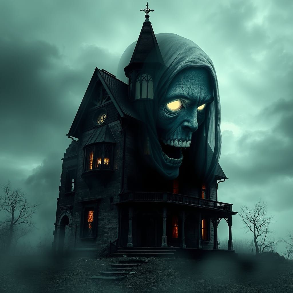 Spectral Haunted House with Tragic Ghost in Dark, Contrastin...