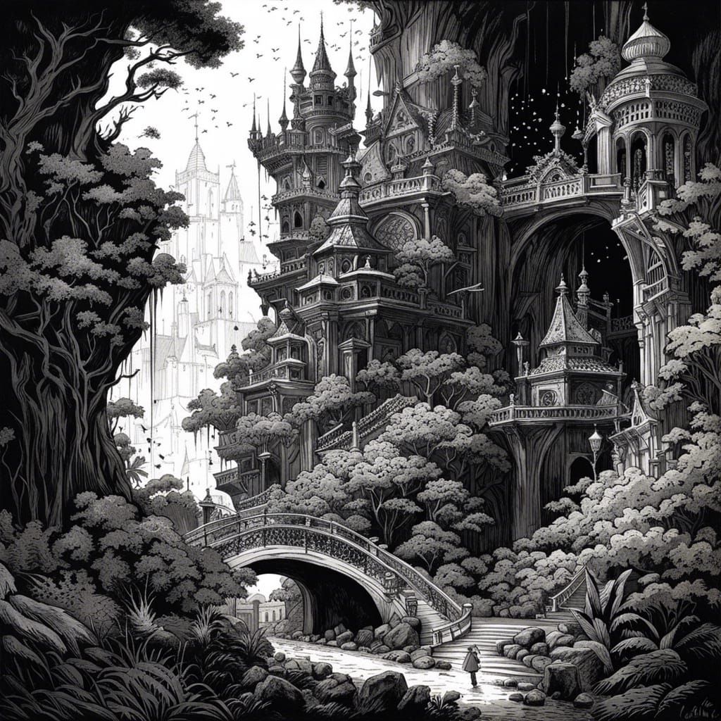 Fantasycore Castle Landscape in Black and White Neon Art