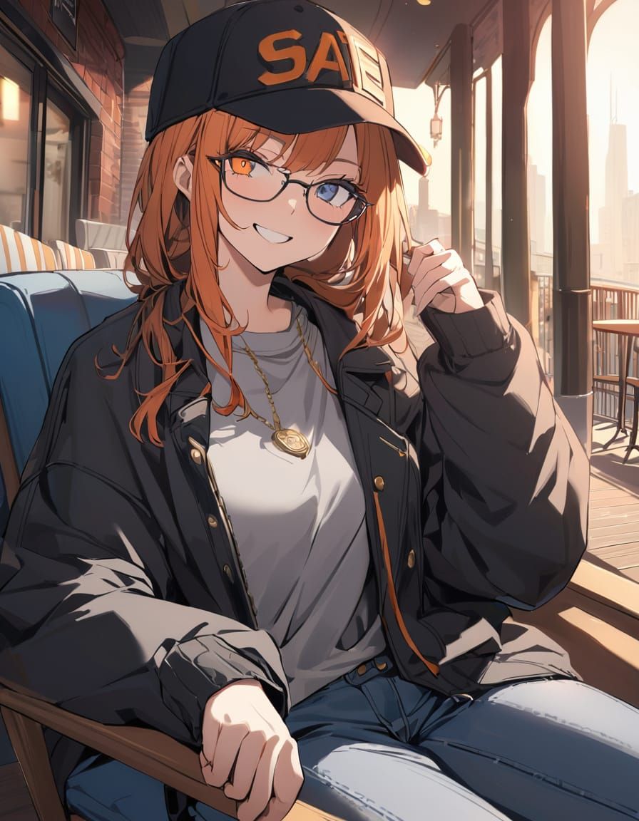 Modern Girl Relaxing in Sunset Cafe