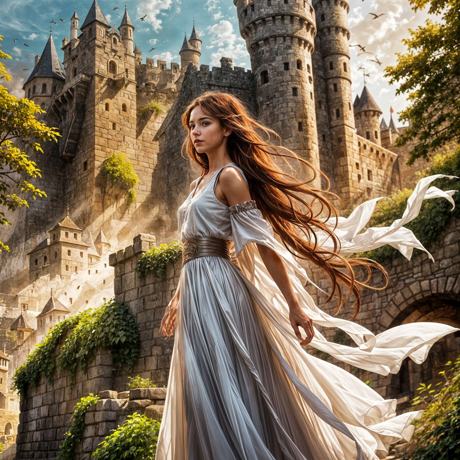 Intense Staredown Between Woman and Man on Castle Wall