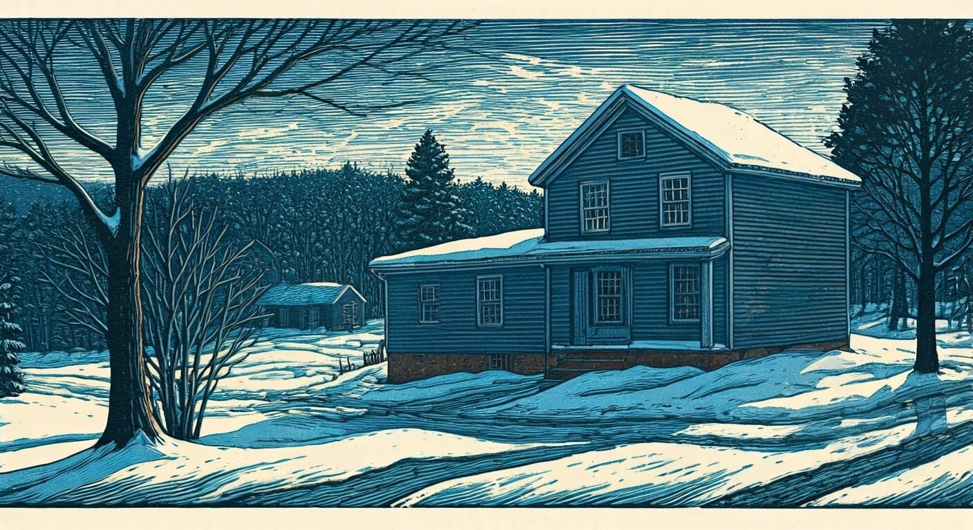 Woodcut Style Snowy Day in Vermont